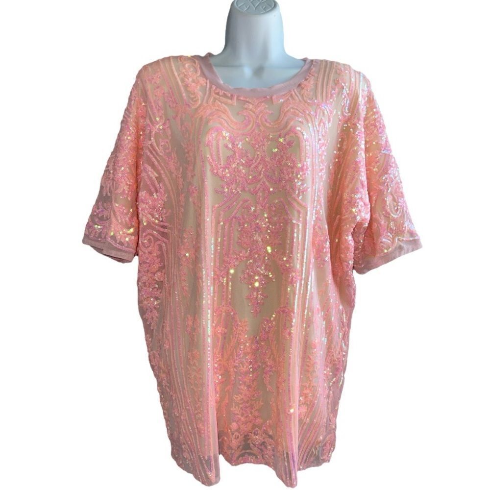 DONNA LEAH DESIGNS One Size Fits All Sequined Appliqués Rib Collar Short Sleeve